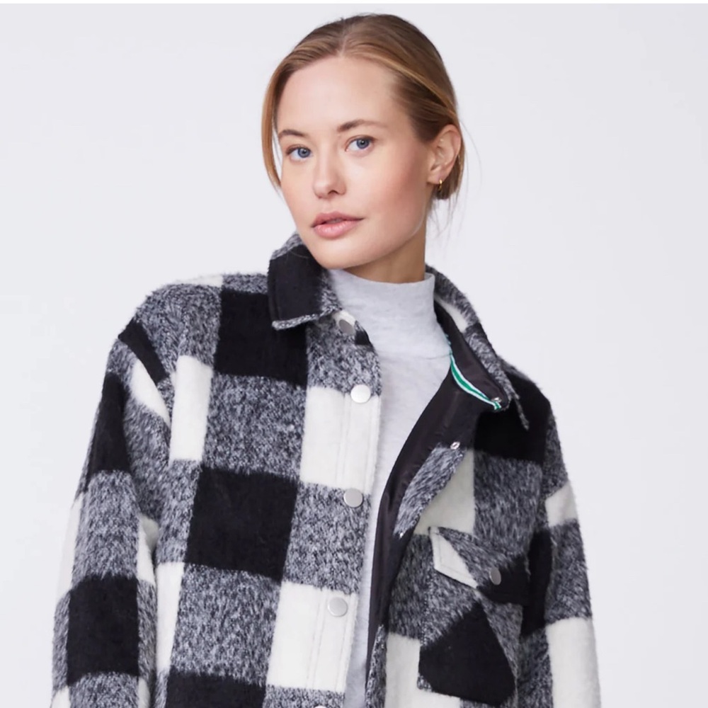 Monrow Black Gray White Plaid Flannel Oversized Shacket Overshirt Jacket sz xs